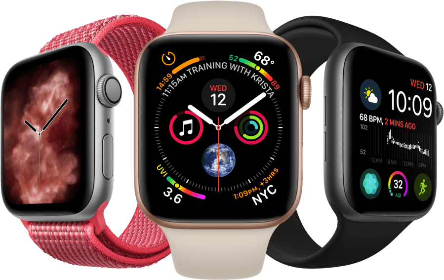Apple Watch Series 7 in colors pink, silver, and black